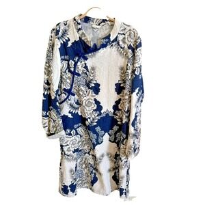 Minibee Linen Dress Size Large Blue Floral Long Sleeve Oriental Quiet Luxury